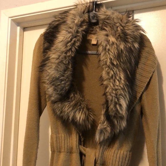NWOT Michael Kors Brown Long Knit Cardigan with Faux Fur - Picture 3 of 5